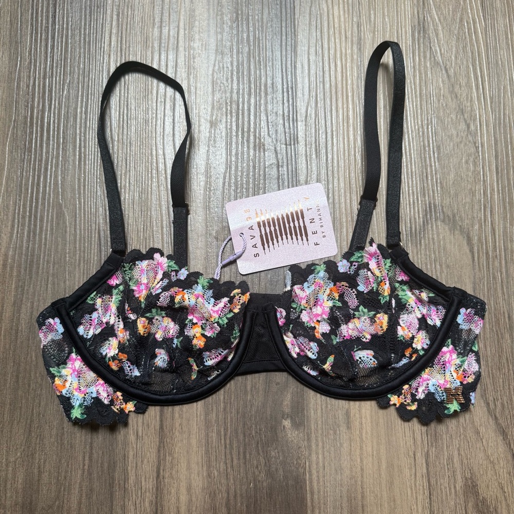 NWT Savage X Fenty Balconette Bra Womens 34A Black Bloomin Lace Floral Not Sorry
